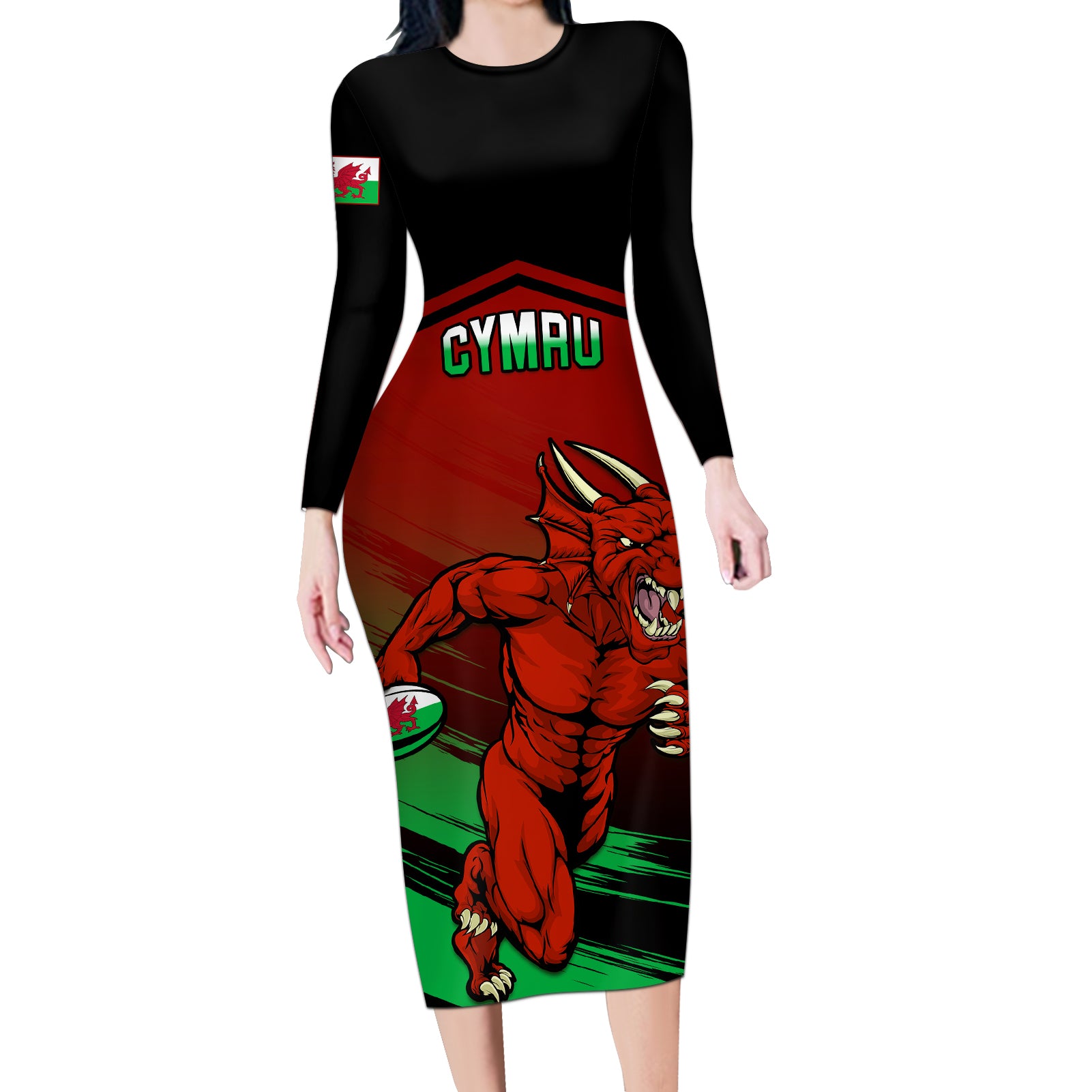 Wales Rugby Long Sleeve Bodycon Dress Cymru Come On 2023 World Cup - Wonder Print Shop