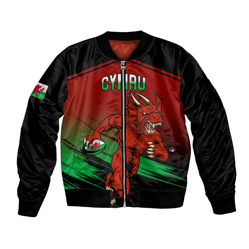Red, black and green rugby bomber jacket with front zipper and dragon emblem graphic