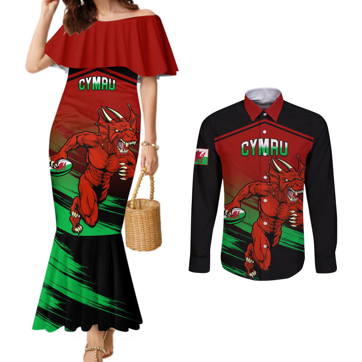 custom-wales-rugby-couples-matching-mermaid-dress-and-long-sleeve-button-shirts-cymru-come-on-2023-world-cup