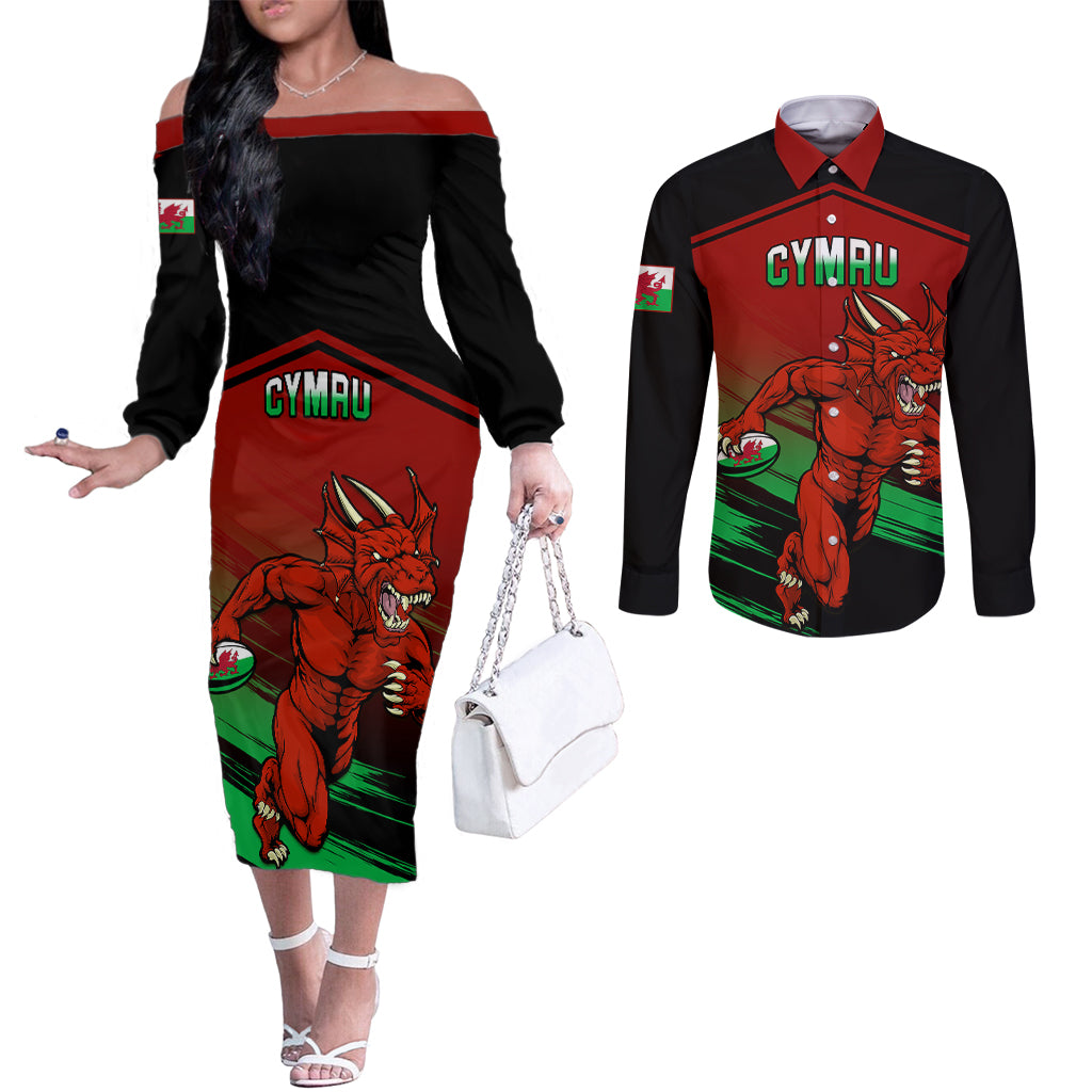 custom-wales-rugby-couples-matching-off-the-shoulder-long-sleeve-dress-and-long-sleeve-button-shirts-cymru-come-on-2023-world-cup