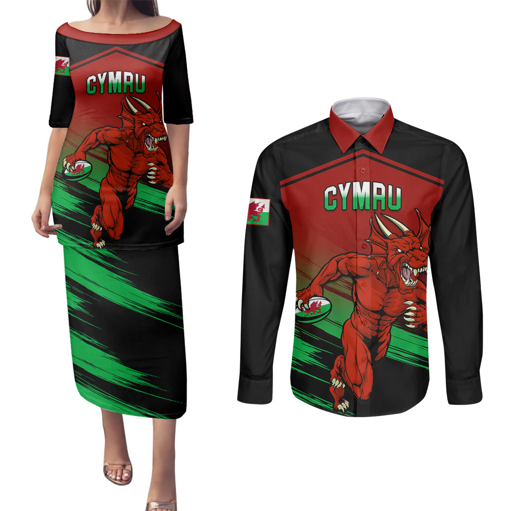 Custom Wales Rugby Couples Matching Puletasi Dress and Long Sleeve Button Shirts Cymru Come On 2023 World Cup - Wonder Print Shop