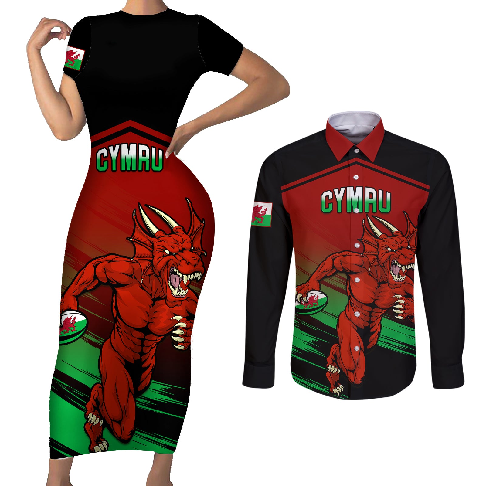 Custom Wales Rugby Couples Matching Short Sleeve Bodycon Dress and Long Sleeve Button Shirts Cymru Come On 2023 World Cup - Wonder Print Shop