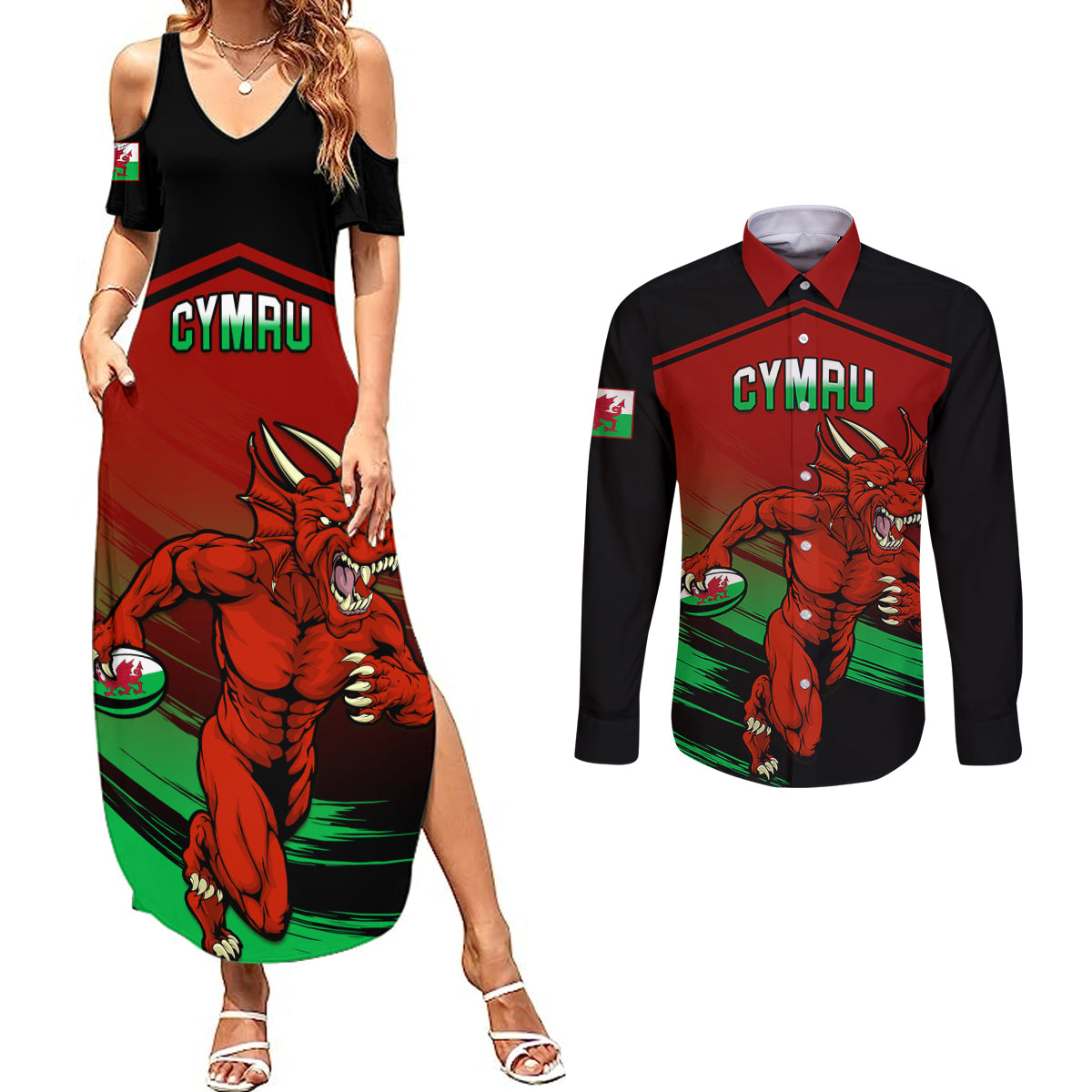 Custom Wales Rugby Couples Matching Summer Maxi Dress and Long Sleeve Button Shirts Cymru Come On 2023 World Cup - Wonder Print Shop