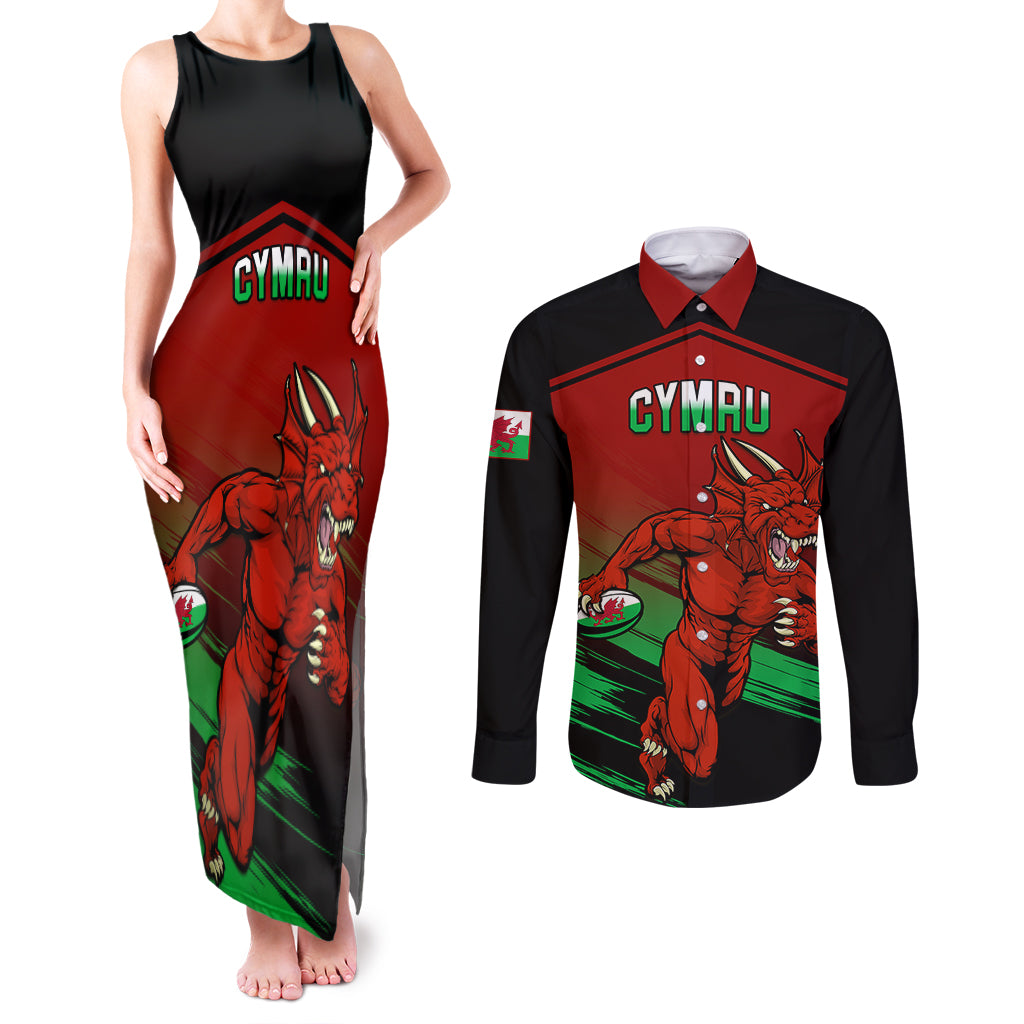 Custom Wales Rugby Couples Matching Tank Maxi Dress and Long Sleeve Button Shirts Cymru Come On 2023 World Cup - Wonder Print Shop