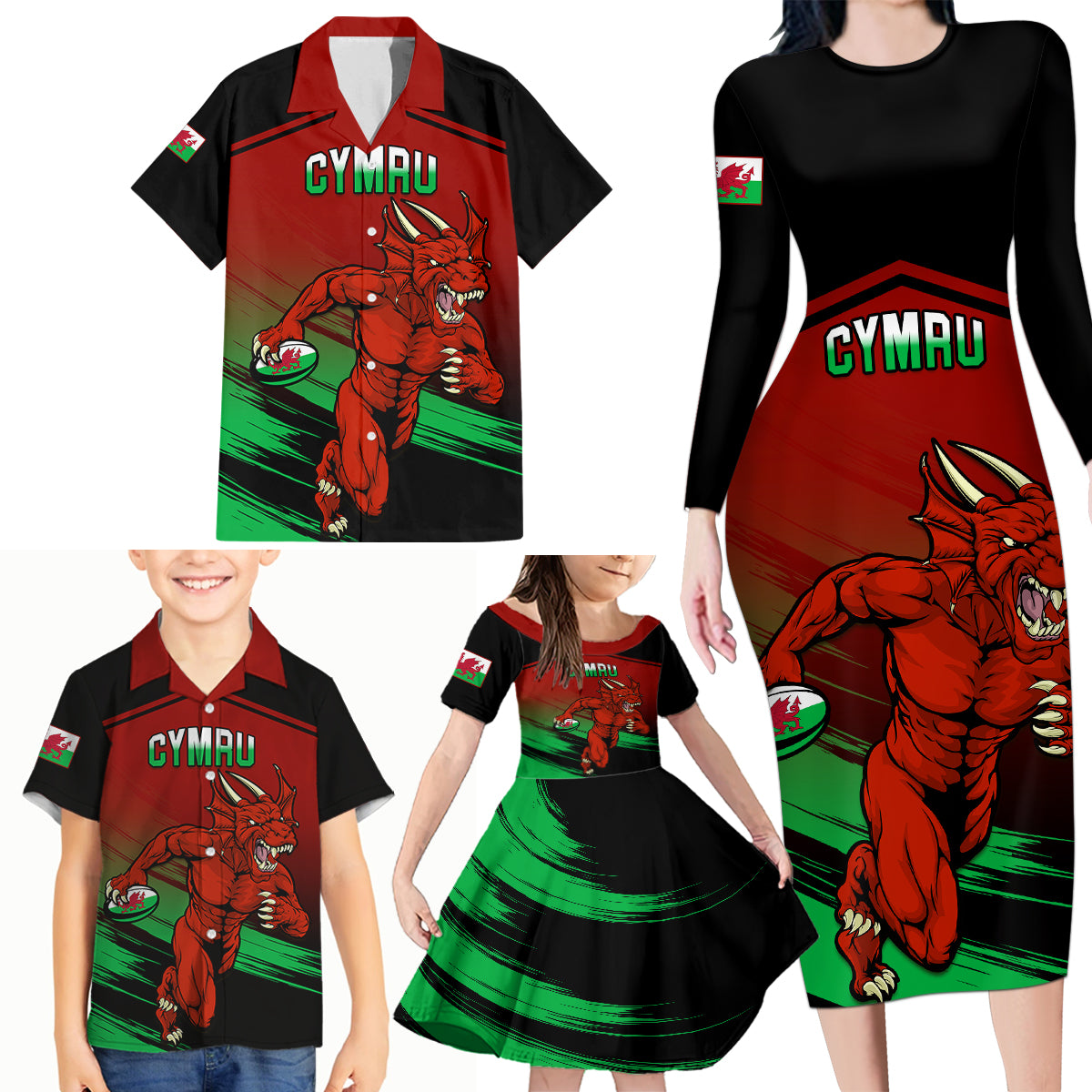 Custom Wales Rugby Family Matching Long Sleeve Bodycon Dress and Hawaiian Shirt Cymru Come On 2023 World Cup - Wonder Print Shop