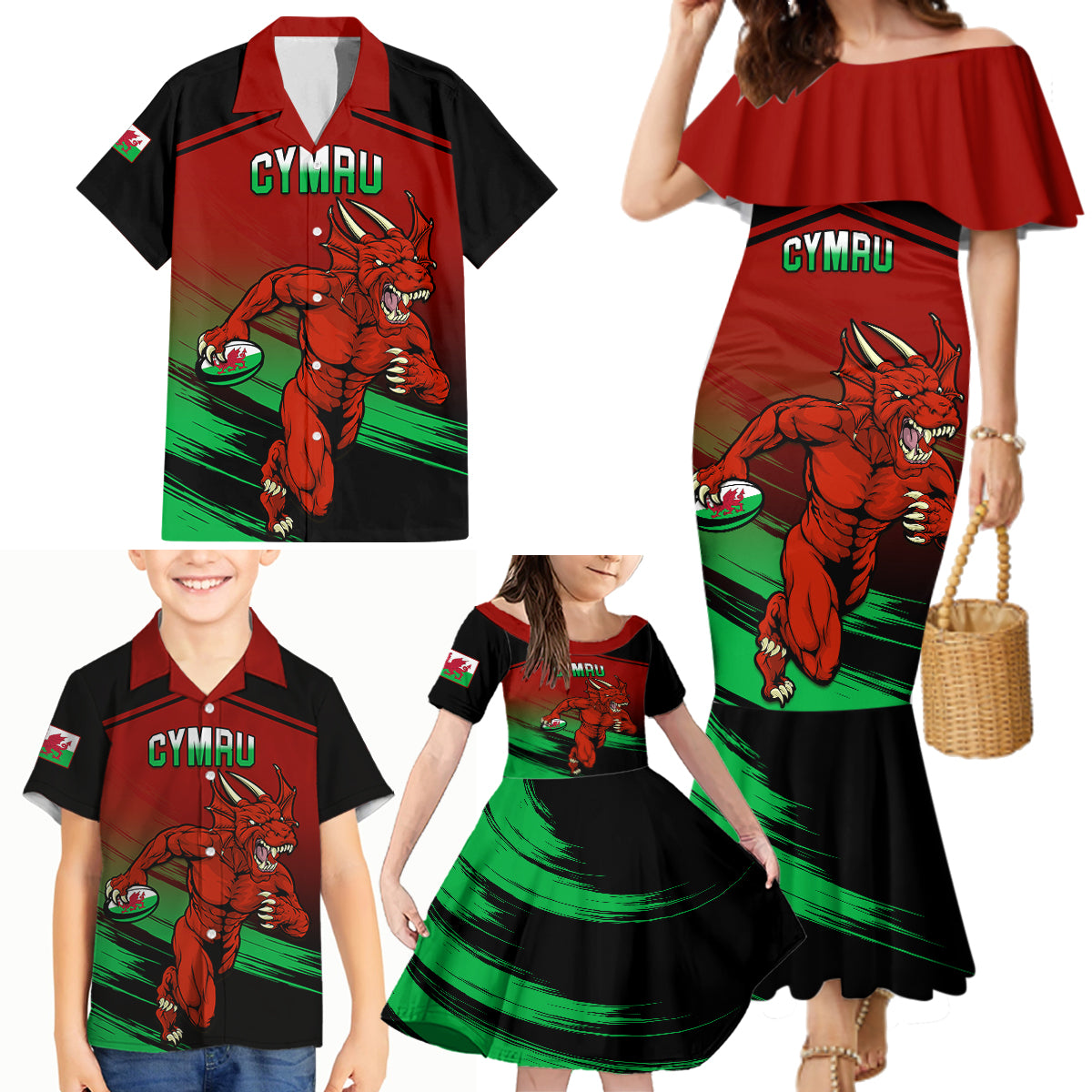 Custom Wales Rugby Family Matching Mermaid Dress and Hawaiian Shirt Cymru Come On 2023 World Cup - Wonder Print Shop