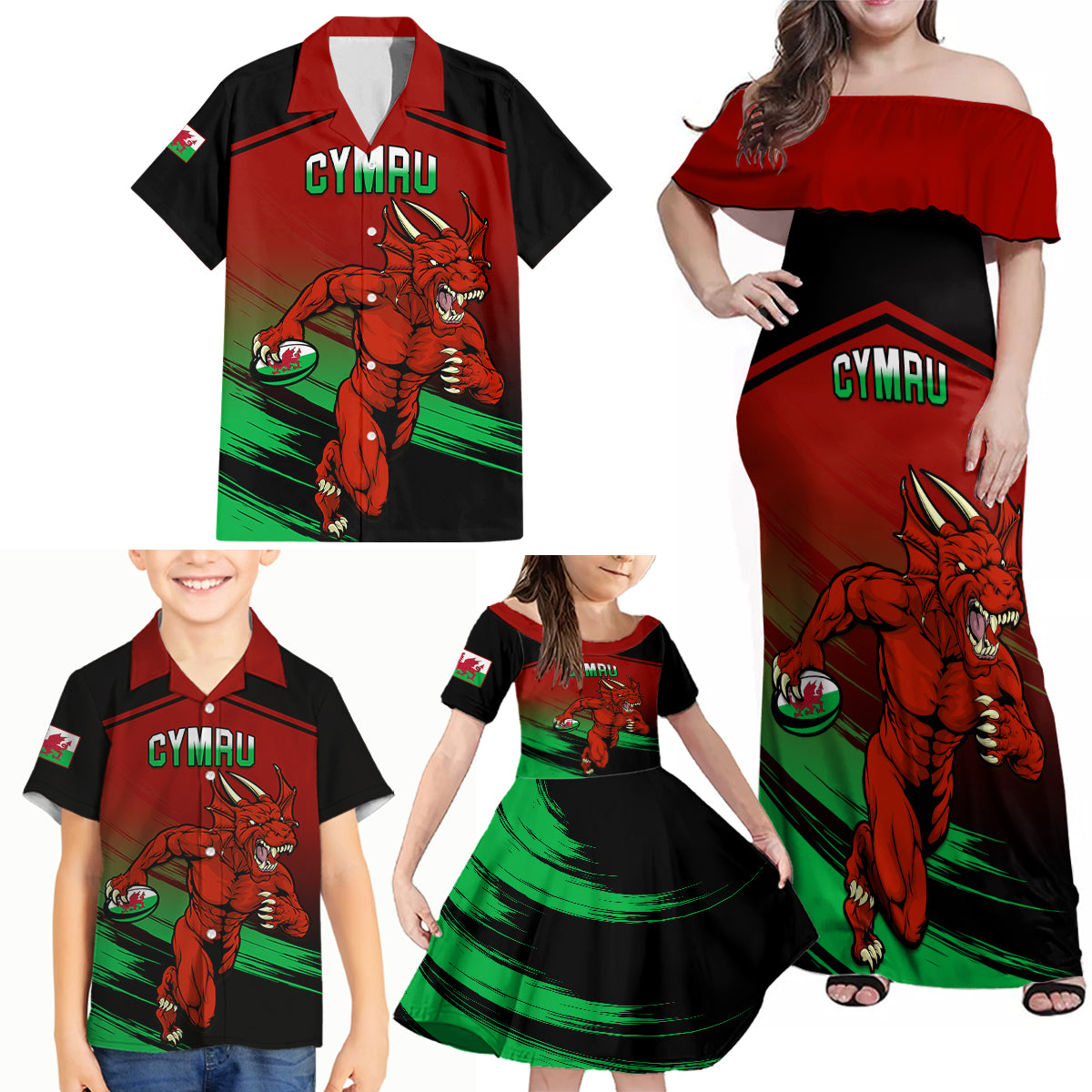 Custom Wales Rugby Family Matching Off Shoulder Maxi Dress and Hawaiian Shirt Cymru Come On 2023 World Cup - Wonder Print Shop