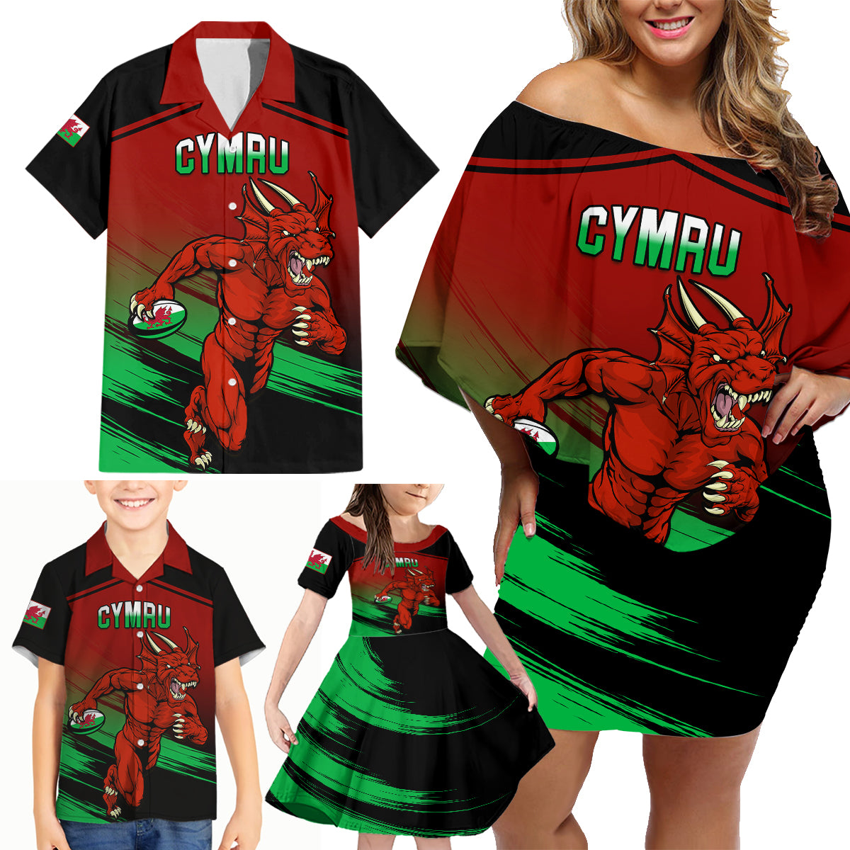 Custom Wales Rugby Family Matching Off Shoulder Short Dress and Hawaiian Shirt Cymru Come On 2023 World Cup - Wonder Print Shop