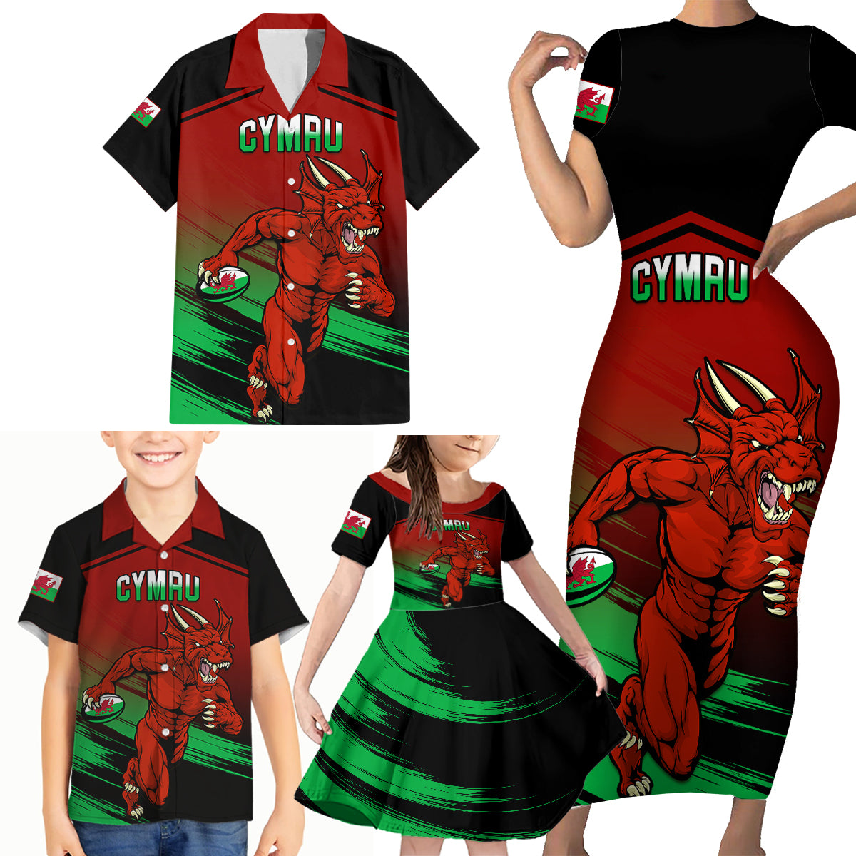 Custom Wales Rugby Family Matching Short Sleeve Bodycon Dress and Hawaiian Shirt Cymru Come On 2023 World Cup - Wonder Print Shop