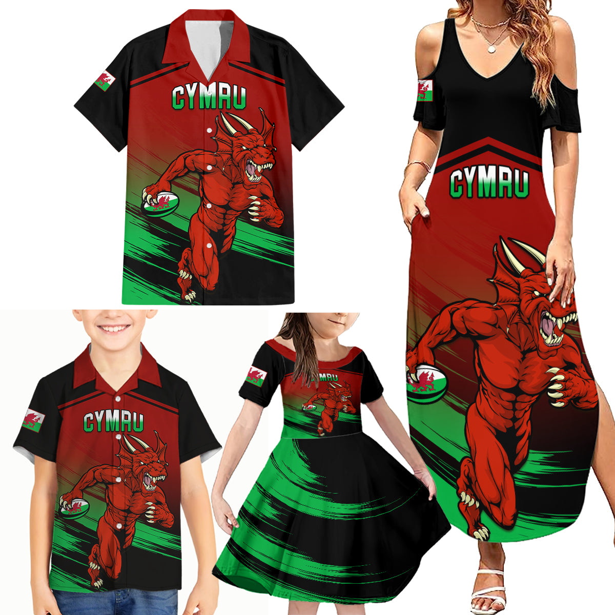 Custom Wales Rugby Family Matching Summer Maxi Dress and Hawaiian Shirt Cymru Come On 2023 World Cup - Wonder Print Shop