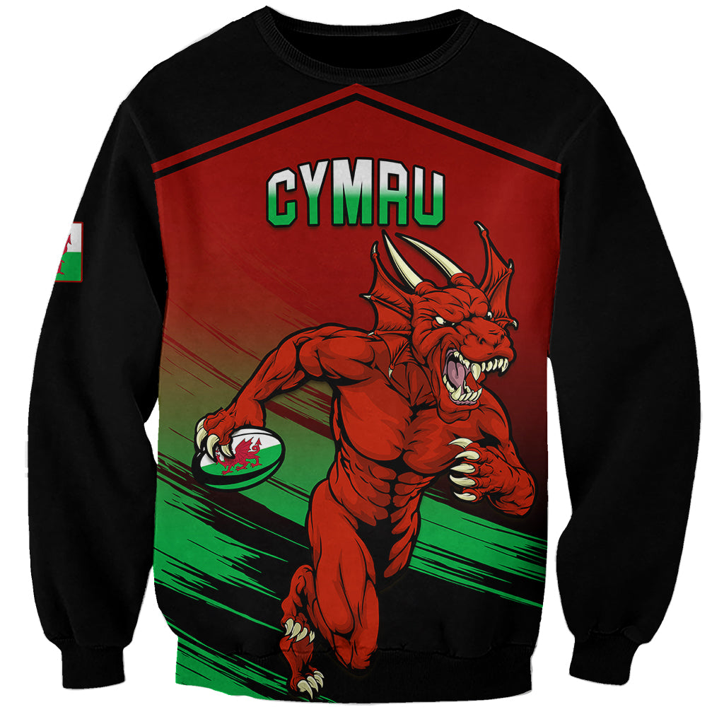 Red and black crewneck sweatshirt with Welsh dragon graphic on front