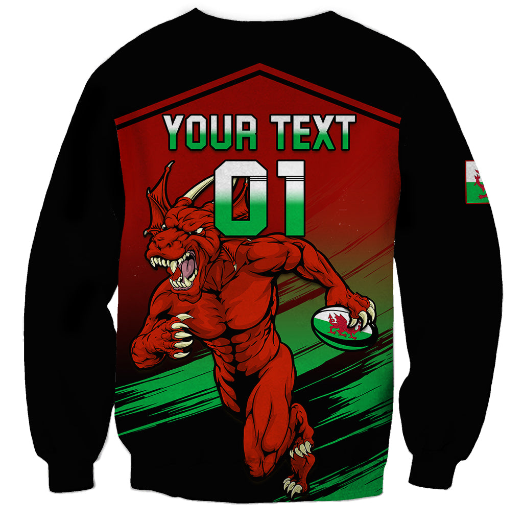 Black crewneck sweatshirt with Welsh dragon and 'YOUR TEXT 01' on back