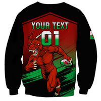 Black crewneck sweatshirt with Welsh dragon and 'YOUR TEXT 01' on back