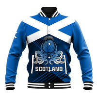 Blue and white varsity baseball jacket with Scotland thistle crest, snap front, striped rib cuffs