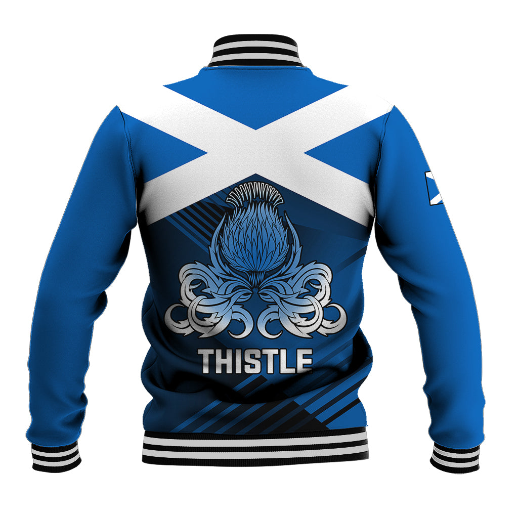 Blue and white varsity baseball jacket with large back thistle crest, striped rib collar and hem