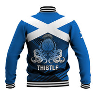 Blue and white varsity baseball jacket with large back thistle crest, striped rib collar and hem
