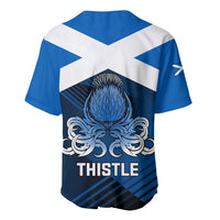 Scotland rugby baseball jersey, blue/white cross V-neck back with crest and THISTLE print