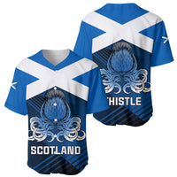 Scotland rugby baseball jerseys, blue/white cross V-neck with crest; SCOTLAND and THISTLE