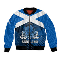 Blue bomber jacket with Scotland thistle crest, white stripe panels, front zip.