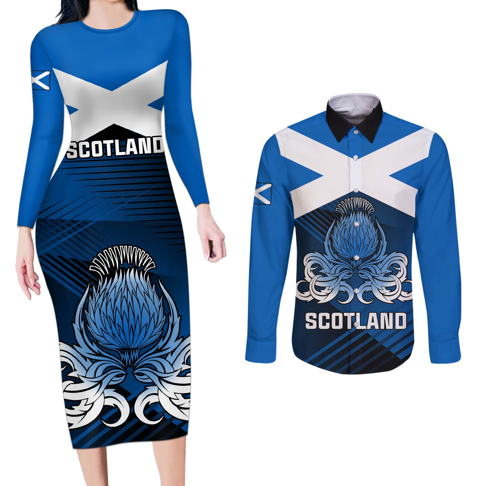 Scotland Rugby Couples Matching Long Sleeve Bodycon Dress and Long Sleeve Button Shirts Thistle Go 2023 World Cup - Wonder Print Shop