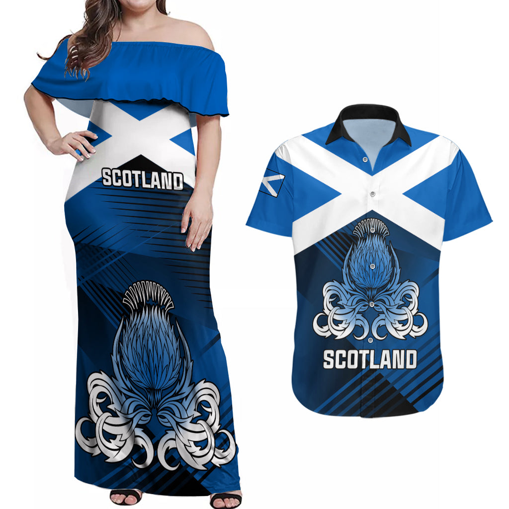 Scotland Rugby Couples Matching Off Shoulder Maxi Dress and Hawaiian Shirt Thistle Go 2023 World Cup - Wonder Print Shop