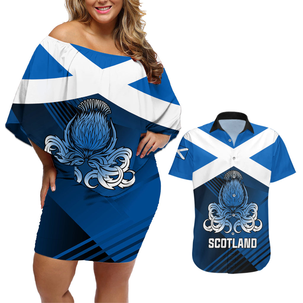 Scotland Rugby Couples Matching Off Shoulder Short Dress and Hawaiian Shirt Thistle Go 2023 World Cup - Wonder Print Shop