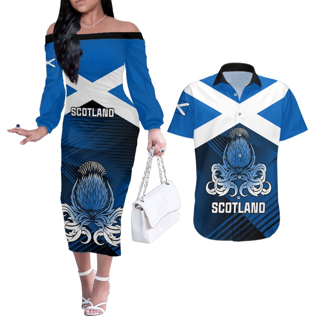 Scotland Rugby Couples Matching Off The Shoulder Long Sleeve Dress and Hawaiian Shirt Thistle Go 2023 World Cup - Wonder Print Shop