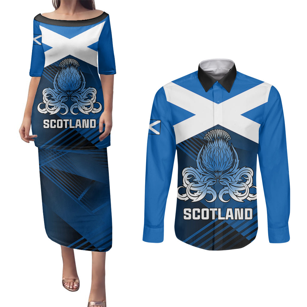 Scotland Rugby Couples Matching Puletasi Dress and Long Sleeve Button Shirts Thistle Go 2023 World Cup - Wonder Print Shop