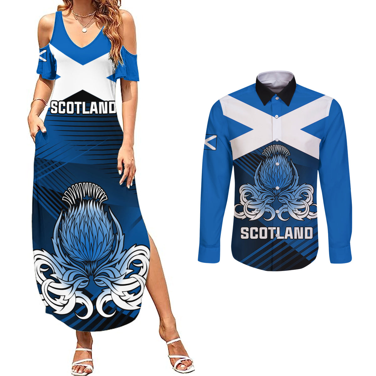 Scotland Rugby Couples Matching Summer Maxi Dress and Long Sleeve Button Shirts Thistle Go 2023 World Cup - Wonder Print Shop