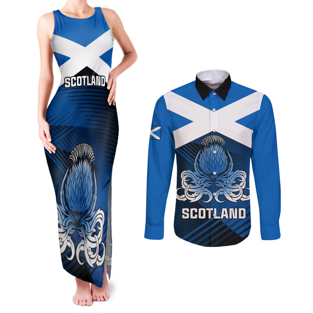 Scotland Rugby Couples Matching Tank Maxi Dress and Long Sleeve Button Shirts Thistle Go 2023 World Cup - Wonder Print Shop