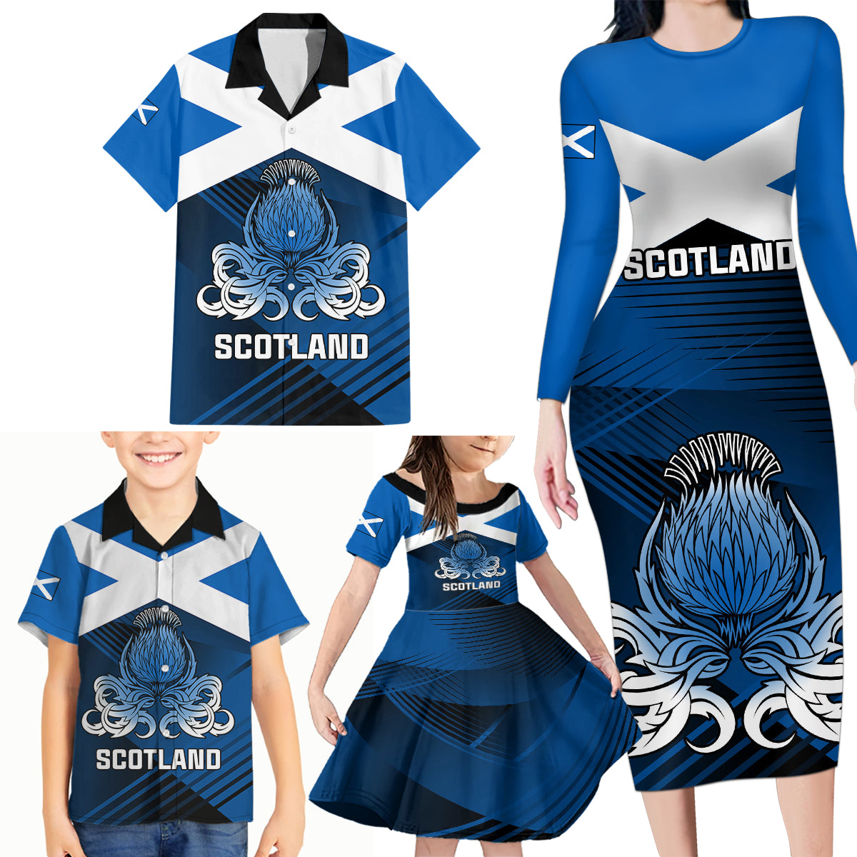 Scotland Rugby Family Matching Long Sleeve Bodycon Dress and Hawaiian Shirt Thistle Go 2023 World Cup - Wonder Print Shop