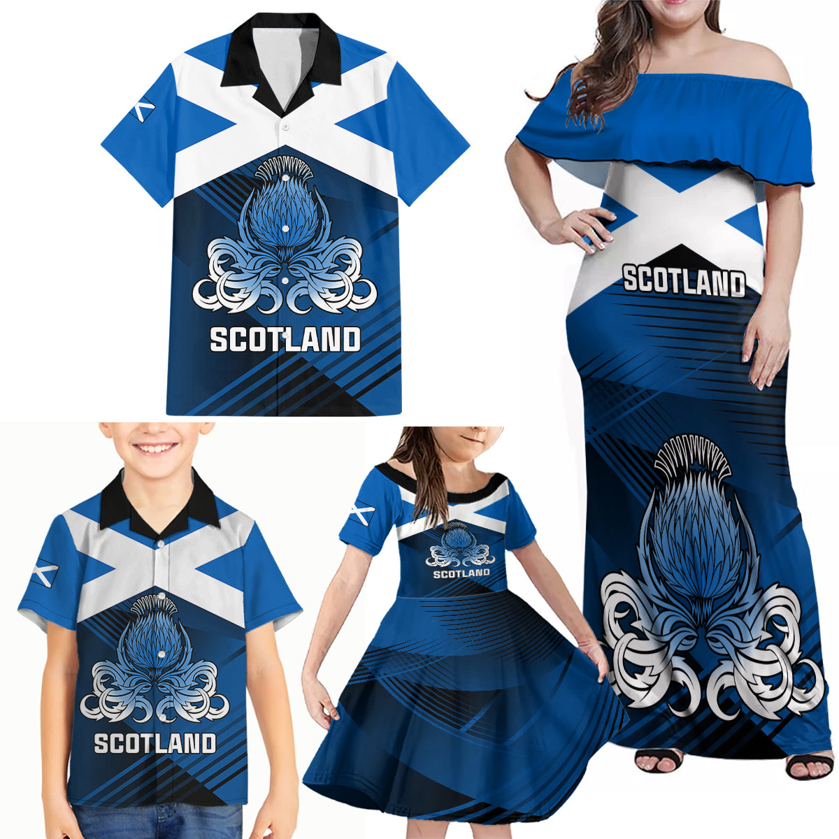 Scotland Rugby Family Matching Off Shoulder Maxi Dress and Hawaiian Shirt Thistle Go 2023 World Cup - Wonder Print Shop