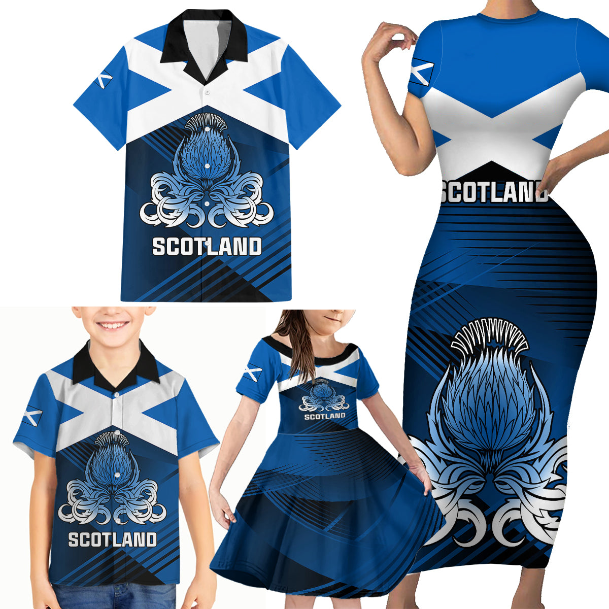 Scotland Rugby Family Matching Short Sleeve Bodycon Dress and Hawaiian Shirt Thistle Go 2023 World Cup - Wonder Print Shop