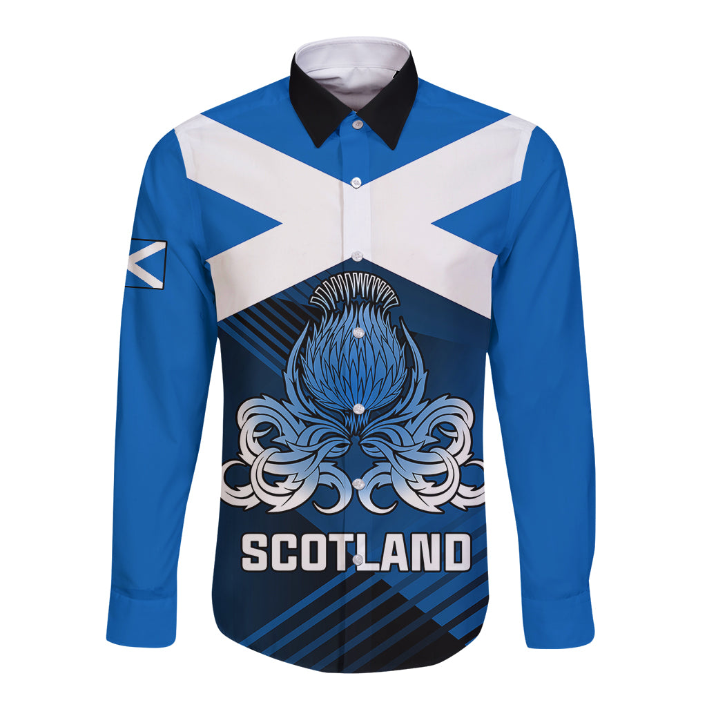 Blue long-sleeve button-up rugby shirt with white diagonal cross and thistle crest