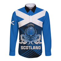 Blue long-sleeve button-up rugby shirt with white diagonal cross and thistle crest