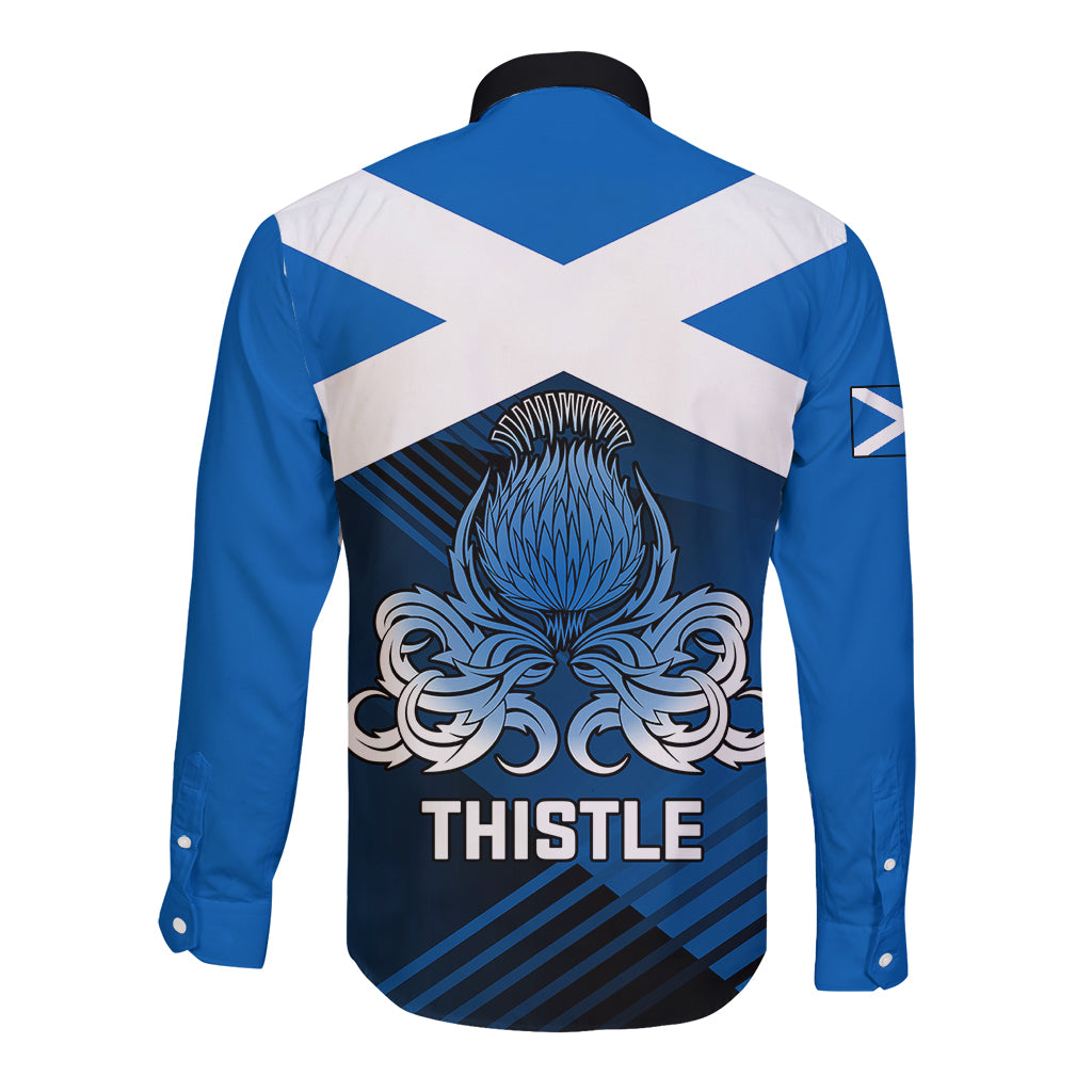 Blue long-sleeve button-up rugby shirt back with white diagonal cross and thistle logo