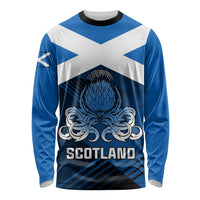 Unisex long sleeve rugby shirt in blue and white with Scotland thistle graphic