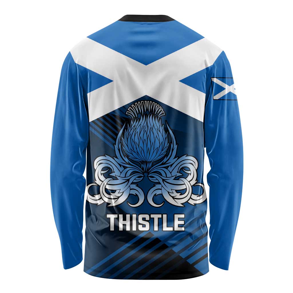 Unisex long sleeve rugby shirt back in blue and white with thistle crest