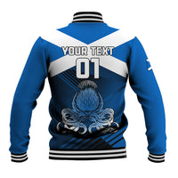 Blue baseball jacket back with 'YOUR TEXT 01' graphic, ribbed striped collar, cuffs and hem