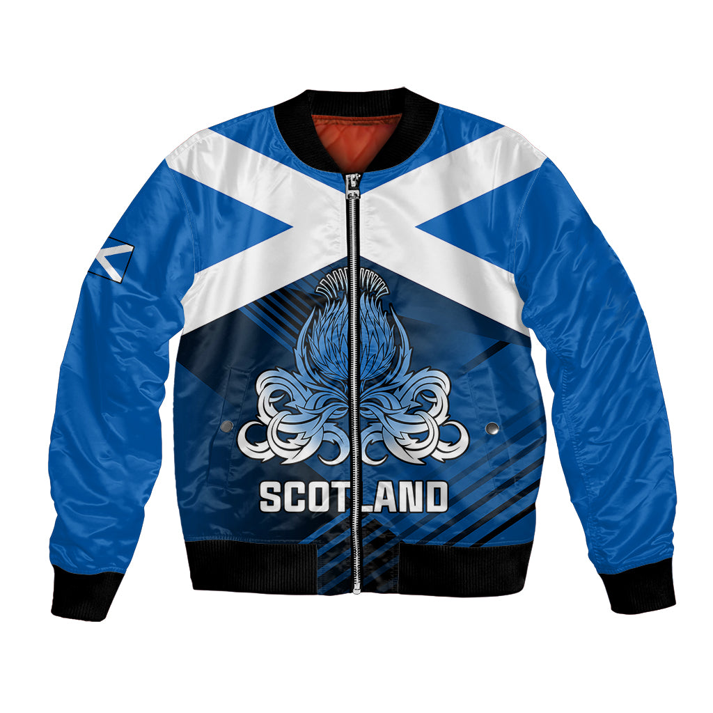 Blue rugby bomber jacket with white diagonal stripes, front zipper, Scotland crest