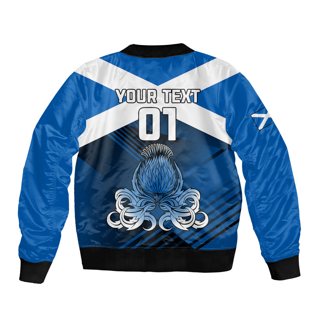 Blue bomber jacket back with 'YOUR TEXT 01', thistle crest, white diagonal stripes
