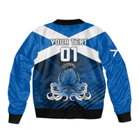 Blue bomber jacket back with 'YOUR TEXT 01', thistle crest, white diagonal stripes