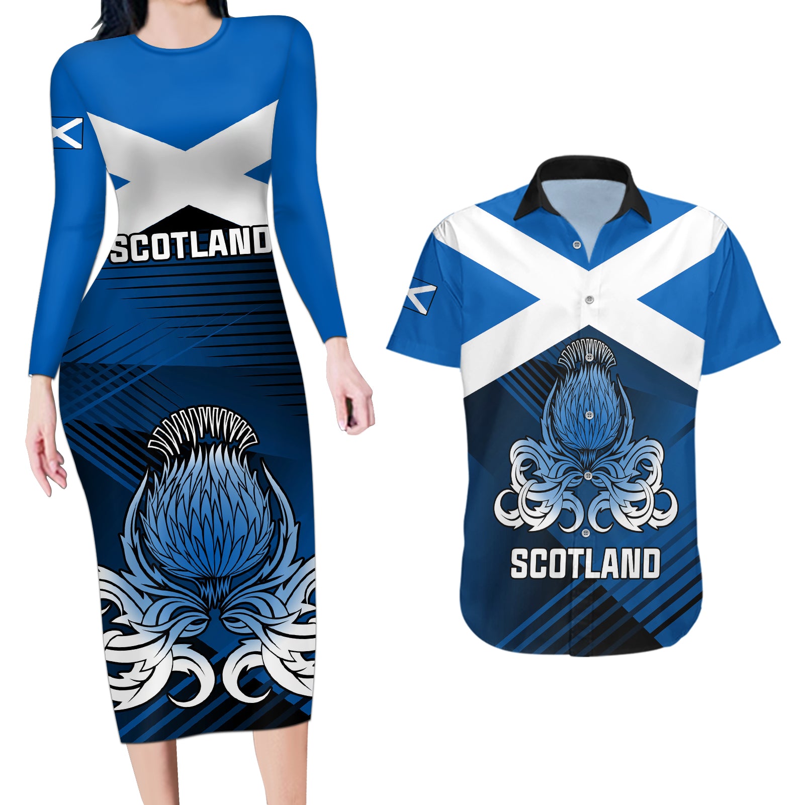 Custom Scotland Rugby Couples Matching Long Sleeve Bodycon Dress and Hawaiian Shirt Thistle Go 2023 World Cup - Wonder Print Shop