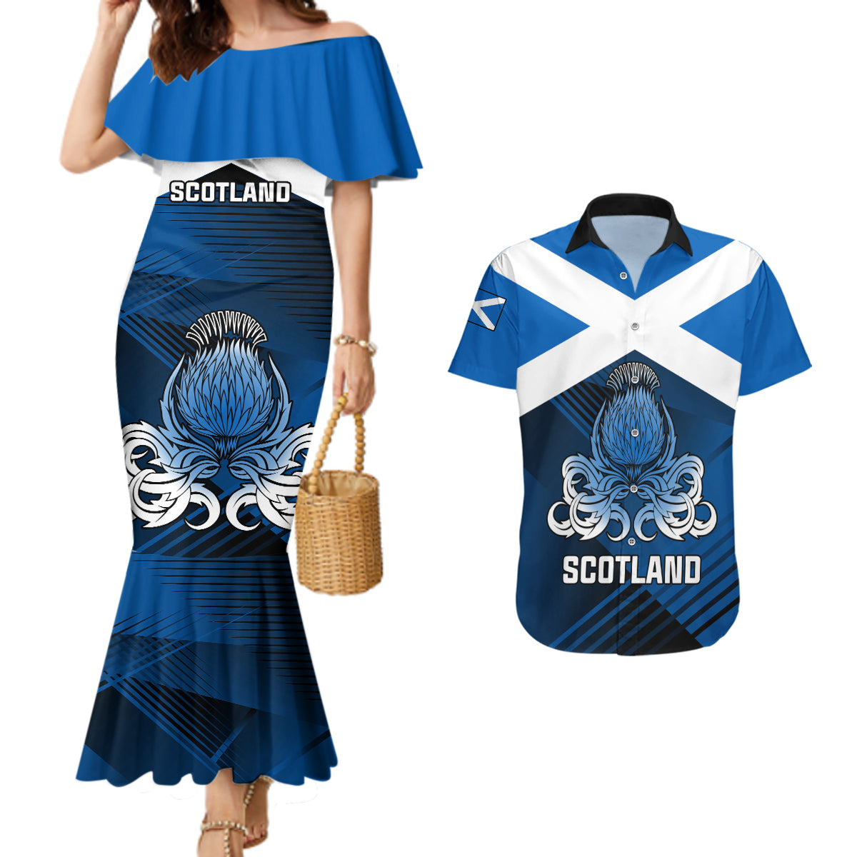 Custom Scotland Rugby Couples Matching Mermaid Dress and Hawaiian Shirt Thistle Go 2023 World Cup - Wonder Print Shop