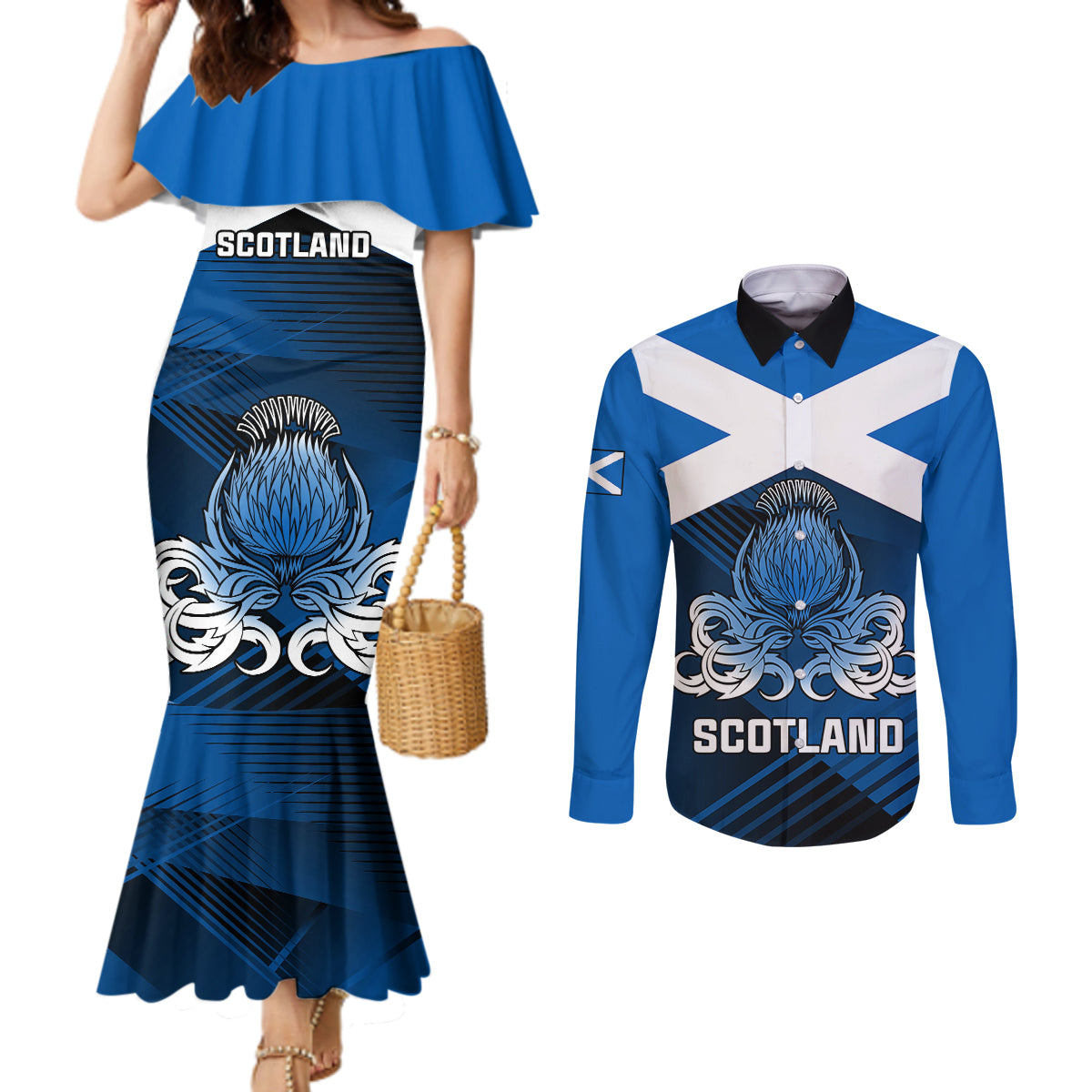 custom-scotland-rugby-couples-matching-mermaid-dress-and-long-sleeve-button-shirts-thistle-go-2023-world-cup