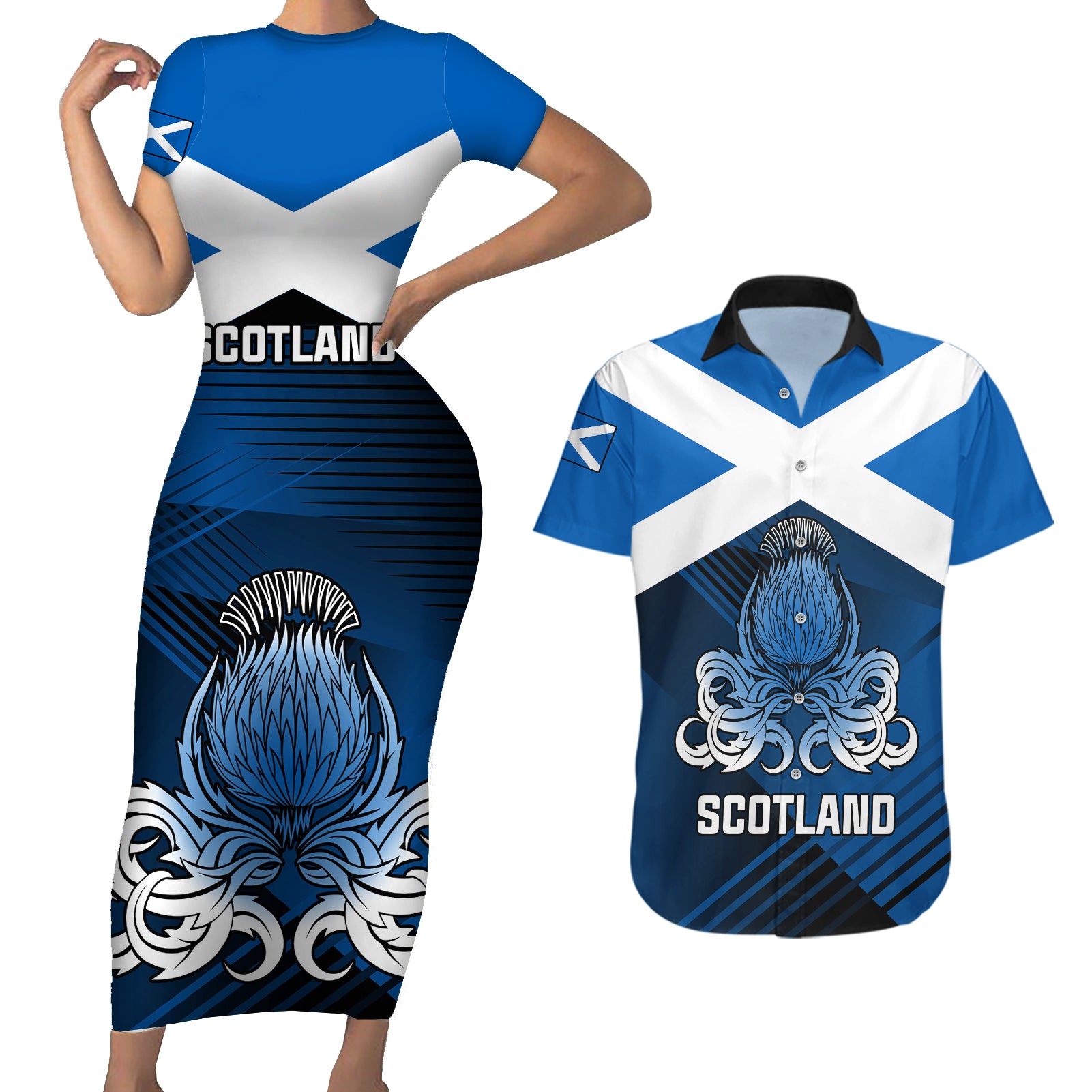 Custom Scotland Rugby Couples Matching Short Sleeve Bodycon Dress and Hawaiian Shirt Thistle Go 2023 World Cup - Wonder Print Shop