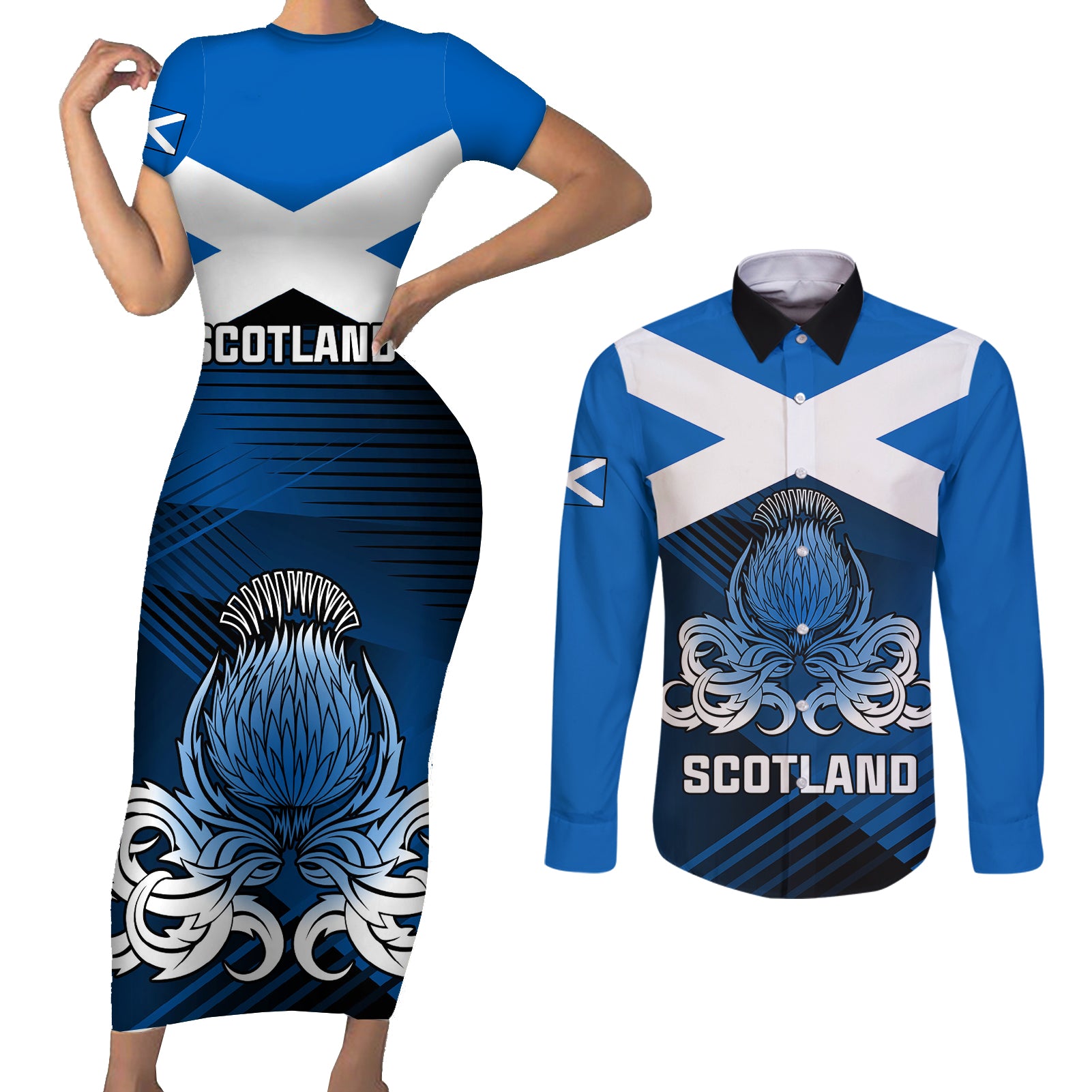 Custom Scotland Rugby Couples Matching Short Sleeve Bodycon Dress and Long Sleeve Button Shirts Thistle Go 2023 World Cup - Wonder Print Shop