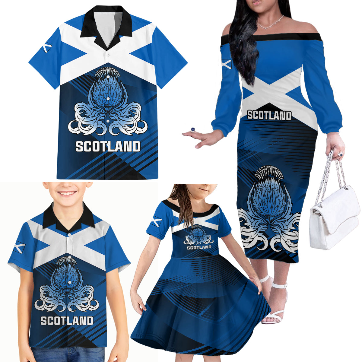 Custom Scotland Rugby Family Matching Off Shoulder Long Sleeve Dress and Hawaiian Shirt Thistle Go 2023 World Cup - Wonder Print Shop