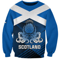 Blue and white striped crewneck sweatshirt with Scotland thistle graphic on front