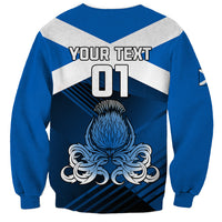 Blue and white striped crewneck sweatshirt with back YOUR TEXT 01 thistle graphic